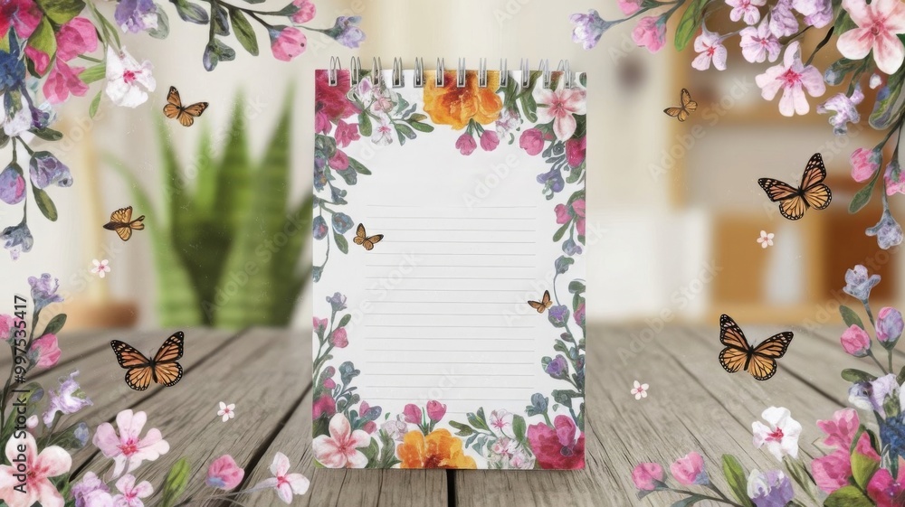 Wall mural Floral Notepad on Wooden Table with Butterflies