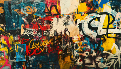 Obraz premium A wall filled with bold, colorful graffiti tags and street art, giving an edgy, urban feel full of energy