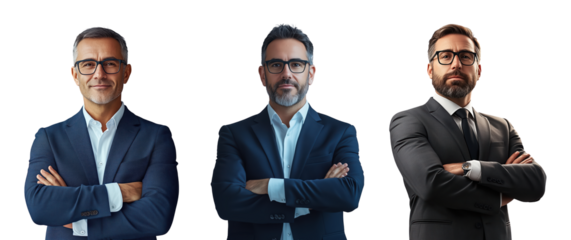 Set of Professional Businessmen in Suits with Arms Crossed - Isolated Transparent Background PNG for Corporate and Business Use