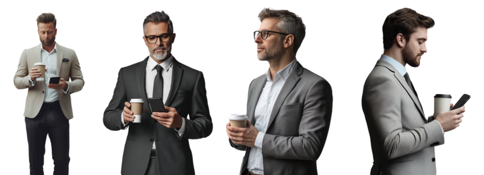 Set of Executive Business Professionals in Modern Suits with Coffee and Smartphones on Transparent Background PNG