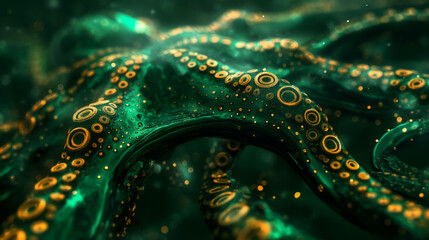 Obraz premium Image of a green octopus tentacle with gold detailing and sparkles.