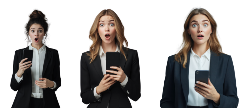 Three Surprised Businesswomen Holding Smartphones on Isolated Transparent Background PNG - Powered by Adobe