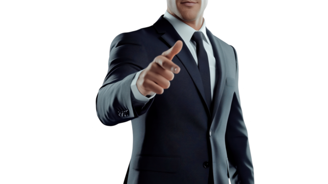 Businessman Pointing Forward in a Suit on Isolated Transparent Background PNG