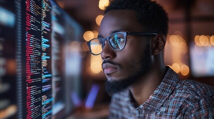 Young African software developer or engineer working late at night in a dimly lit urban tech workspace