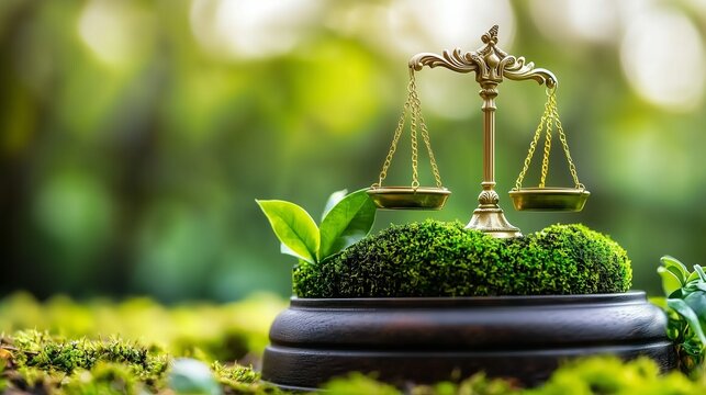 Scales of justice on a moss-covered base, symbolizing the balance between law and nature conservation.