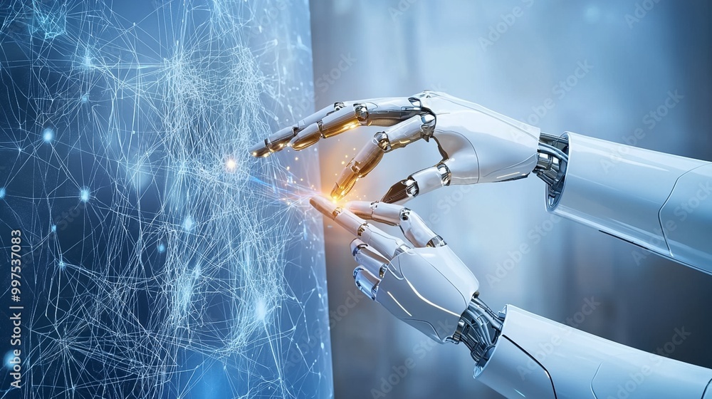 Poster robotic arm interacting with futuristic digital network and glowing sparks of electricity representi