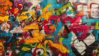 A wall filled with bold, colorful graffiti tags and street art, giving an edgy, urban feel full of energy