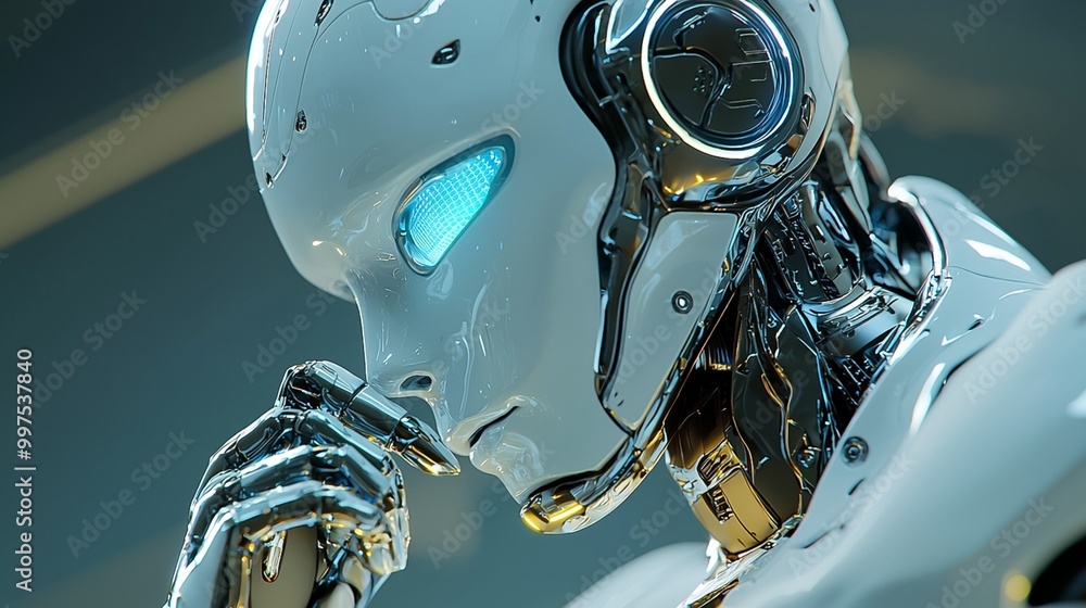 Poster closeup view of a futuristic robotic arm with glowing metallic and mechanical parts representing adv