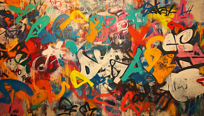 A wall filled with bold, colorful graffiti tags and street art, giving an edgy, urban feel full of energy