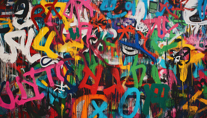 Obraz premium A wall filled with bold, colorful graffiti tags and street art, giving an edgy, urban feel full of energy