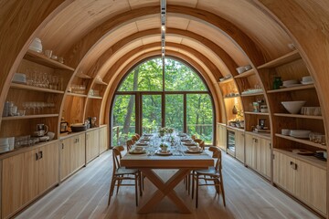 Modern Wooden Dining Room Interior with Arch Ceiling and Forest View