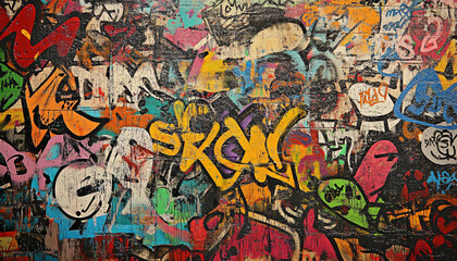Fototapeta premium A wall filled with bold, colorful graffiti tags and street art, giving an edgy, urban feel full of energy