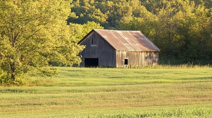 A serene image of a charming farm building set against expansive fields, illuminated by natural light.