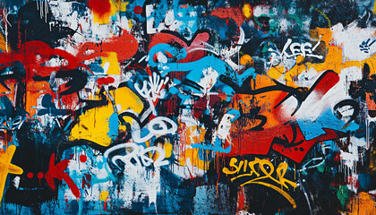 A wall filled with bold, colorful graffiti tags and street art, giving an edgy, urban feel full of energy