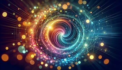 Fototapeta premium Abstract swirl of vibrant lights and colors, resembling a galaxy or vortex, with bokeh effects.