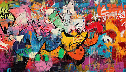Naklejka premium A wall filled with bold, colorful graffiti tags and street art, giving an edgy, urban feel full of energy