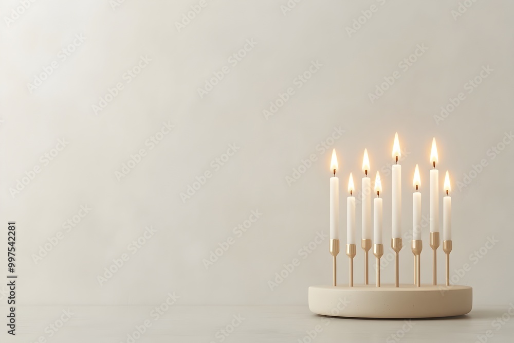 Aufkleber minimalist and stylish composition featuring a menorah with burning candles against a clean white ba