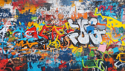 Fototapeta premium A wall filled with bold, colorful graffiti tags and street art, giving an edgy, urban feel full of energy