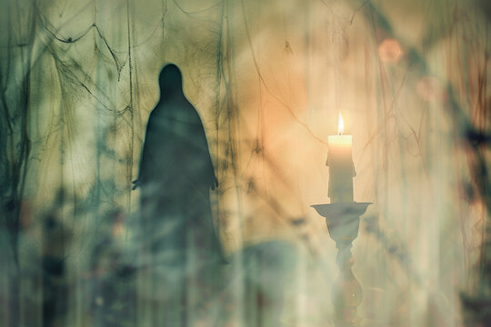 On Halloween Night, a Ghost Silhouette Cast by Candlelight Creates a Spooky and Magical Atmosphere &ndash; Blurred Cobwebs in the Foreground Add Depth with a Soft Watercolor Touch