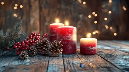 Cozy Christmas Scene with Red Candles, Pine Cones, and Festive Decorations on Rustic Wooden Table