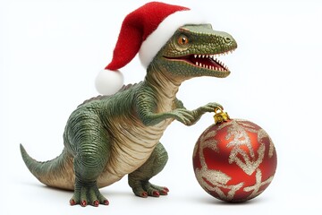 A green dinosaur wearing a Santa hat is holding a red Christmas ornament with a gold trim.