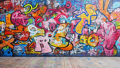 Obraz premium A wall filled with bold, colorful graffiti tags and street art, giving an edgy, urban feel full of energy