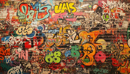 A wall filled with bold, colorful graffiti tags and street art, giving an edgy, urban feel full of energy