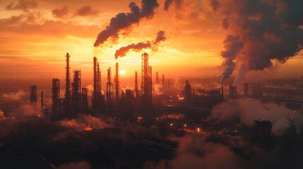 A city skyline with a large industrial plant in the background. The sky is orange and the sun is setting