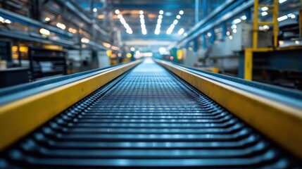 Modern Industrial Conveyor Belt in a Factory with Bright Overhead Lighting and Blurred Background