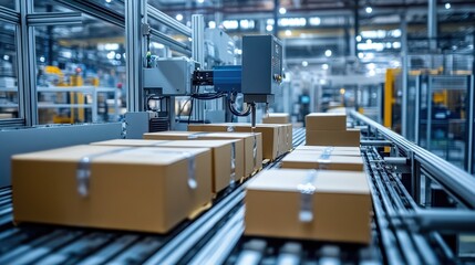Automated Conveyor System in Modern Warehouse with Cardboard Boxes and Robotic Arm for Efficient Packaging