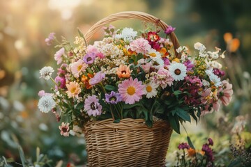 A wicker basket filled with a colorful assortment of seasonal flowers sits beautifully in a tranquil outdoor setting, capturing the essence of nature. Generative AI