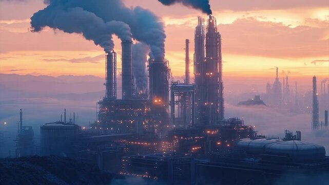 Panning left across an monolithic industrial refinery/plant spewing steam into the air over a bed of fog backlit by the sunrise.