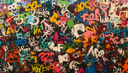 Obraz premium A wall filled with bold, colorful graffiti tags and street art, giving an edgy, urban feel full of energy
