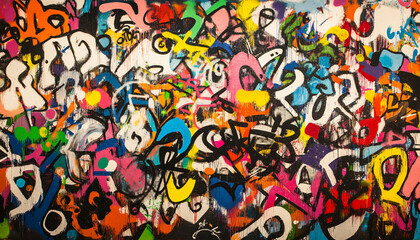 Obraz premium A wall filled with bold, colorful graffiti tags and street art, giving an edgy, urban feel full of energy