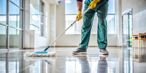 A person using a mop to clean a shiny floor, cleaning, maintenance, hygiene, housekeeping, mopping, janitorial, service