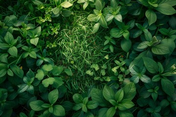 Green leaves and grass background.