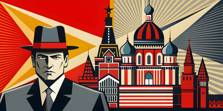 Abstract geometric composition with retro spy theme in Russian constructivism style, russian constructivism