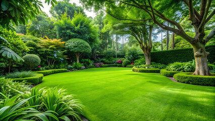 Naklejka premium Lush green grass creating a natural carpet in a garden landscape design, grass, green, texture, outdoor, natural, carpet, garden
