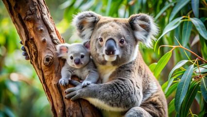 Obraz premium Mother koala holding baby in eucalyptus tree, koala, baby, tree, eucalyptus, mother, wildlife, Australian, marsupial, cute