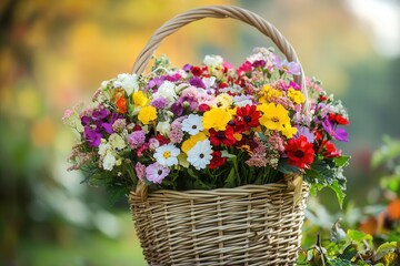 A colorful arrangement of seasonal flowers in a wicker basket stands out beautifully against a natural outdoor setting. Generative AI