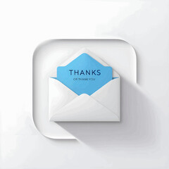 Letter in an envelope with thanks or thank you on white background icon. Send to email, mail. Blue. Flat design. On white background