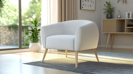 A modern fabric chair mockup, featuring a sleek design upholstered in white fabric, placed in a stylish living room with natural lighting.