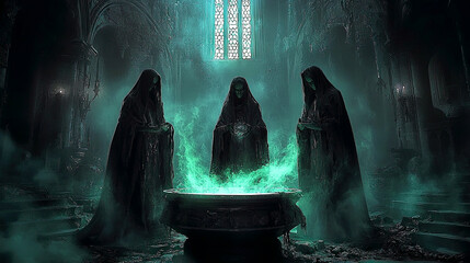 Trio of wizards witches standing around a glowing green cauldron in a dark eerie mysterious gothic setting, spooky magic ritual by occult necromancers, grim evil conjuring
