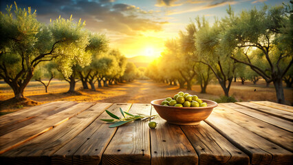 Obraz premium Sunlit olive orchard with rustic wooden table and bowl of fresh olives at sunset, olive orchard, sunlit, rustic