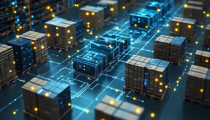  an isometric illustration of a smart warehouse management system emphasizing inventory control. with IoT device design 
