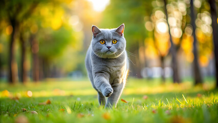 British Shorthair cat running in a park, feline, pet, animal, domestic, cute, fluffy, outdoors, activity, energetic, playful