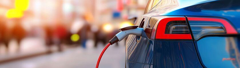 Obraz premium modern electric car is charging in urban setting, showcasing its sleek design and advanced technology. vibrant city backdrop adds to scenes dynamic energy