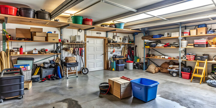 Messy clutter in suburban garage , clutter, household junk, disorganized, messy, garage, suburban, chaos, cluttered, storage
