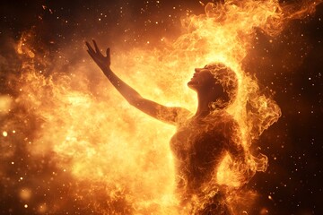 Obraz premium Fiery Passion Guiding a Determined Human Figure Through Blazing Flames