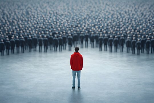 Lone individual standing defiantly against a conformist crowd radiating determination and boldly embodying the quote  Dare to be different and the world will follow